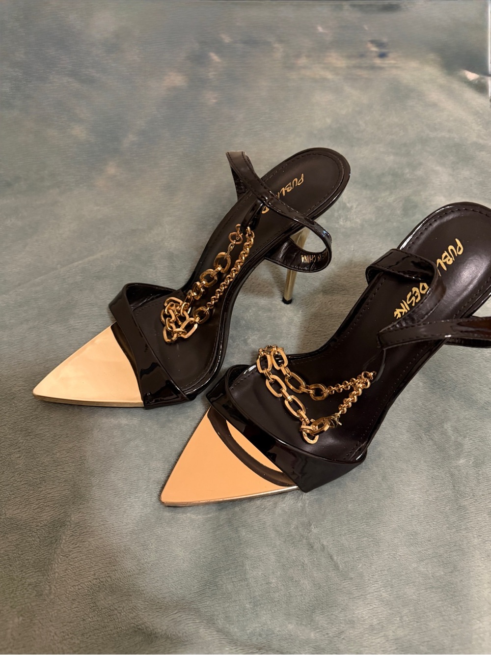 Black Patent Pointed-Toe Chain Detail Heels